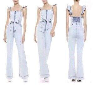 Alice & Olivia Fools Paradise 25 Belted Wide Leg Denim Jumpsuit Jumper Overalls